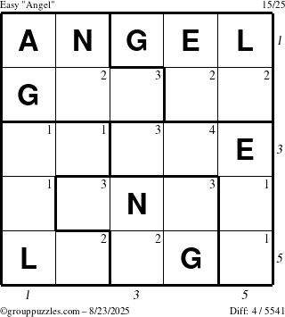 The grouppuzzles.com Easy Angel puzzle for Saturday August 23, 2025 with all 4 steps marked
