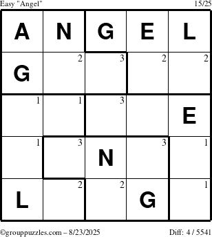The grouppuzzles.com Easy Angel puzzle for Saturday August 23, 2025 with the first 3 steps marked