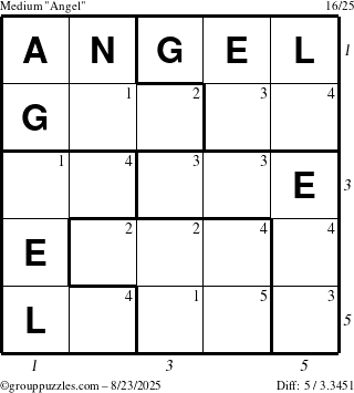 The grouppuzzles.com Medium Angel puzzle for Saturday August 23, 2025 with all 5 steps marked