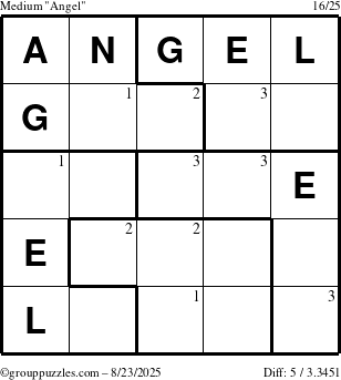 The grouppuzzles.com Medium Angel puzzle for Saturday August 23, 2025 with the first 3 steps marked