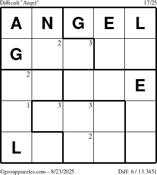 The grouppuzzles.com Difficult Angel puzzle for Saturday August 23, 2025 with the first 3 steps marked