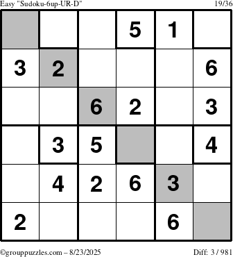 The grouppuzzles.com Easy Sudoku-6up-UR-D puzzle for Saturday August 23, 2025