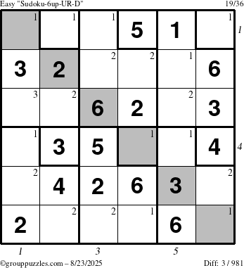 The grouppuzzles.com Easy Sudoku-6up-UR-D puzzle for Saturday August 23, 2025 with all 3 steps marked
