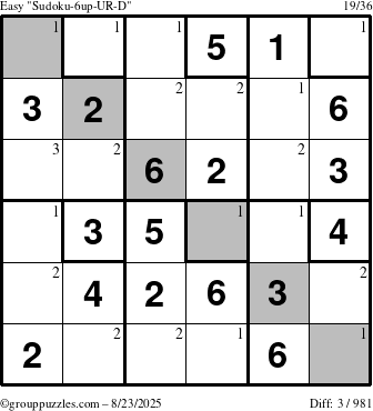 The grouppuzzles.com Easy Sudoku-6up-UR-D puzzle for Saturday August 23, 2025 with the first 3 steps marked