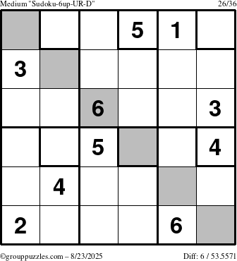 The grouppuzzles.com Medium Sudoku-6up-UR-D puzzle for Saturday August 23, 2025