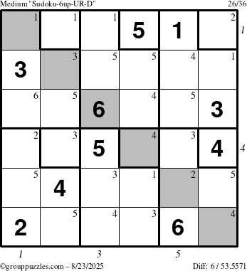 The grouppuzzles.com Medium Sudoku-6up-UR-D puzzle for Saturday August 23, 2025 with all 6 steps marked