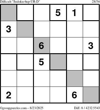 The grouppuzzles.com Difficult Sudoku-6up-UR-D puzzle for Saturday August 23, 2025