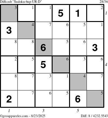The grouppuzzles.com Difficult Sudoku-6up-UR-D puzzle for Saturday August 23, 2025 with all 8 steps marked