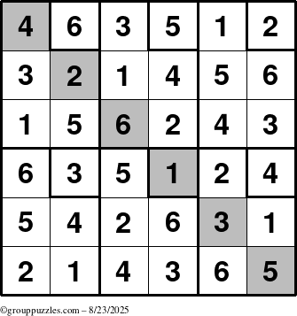 The grouppuzzles.com Answer grid for the Sudoku-6up-UR-D puzzle for Saturday August 23, 2025