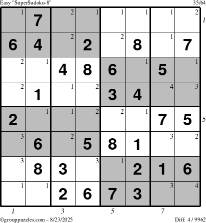 The grouppuzzles.com Easy SuperSudoku-8 puzzle for Saturday August 23, 2025 with all 4 steps marked