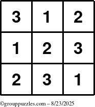 The grouppuzzles.com Answer grid for the TicTac-123 puzzle for Saturday August 23, 2025