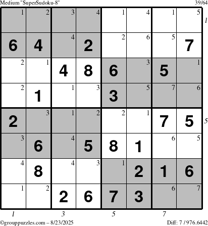 The grouppuzzles.com Medium SuperSudoku-8 puzzle for Saturday August 23, 2025 with all 7 steps marked