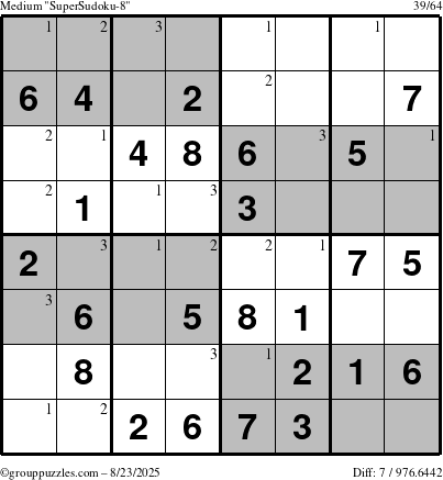 The grouppuzzles.com Medium SuperSudoku-8 puzzle for Saturday August 23, 2025 with the first 3 steps marked