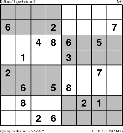 The grouppuzzles.com Difficult SuperSudoku-8 puzzle for Saturday August 23, 2025