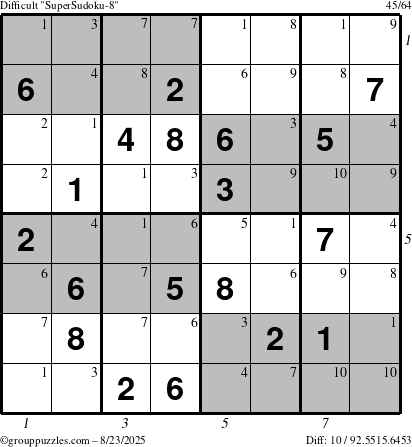 The grouppuzzles.com Difficult SuperSudoku-8 puzzle for Saturday August 23, 2025 with all 10 steps marked