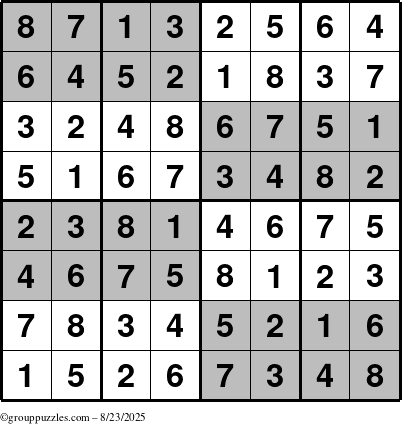 The grouppuzzles.com Answer grid for the SuperSudoku-8 puzzle for Saturday August 23, 2025