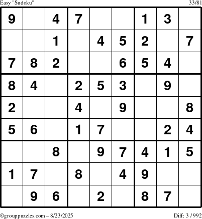 The grouppuzzles.com Easy Sudoku puzzle for Saturday August 23, 2025