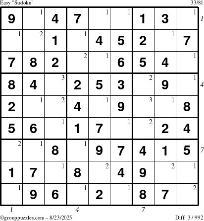 The grouppuzzles.com Easy Sudoku puzzle for Saturday August 23, 2025, suitable for printing, with all 3 steps marked