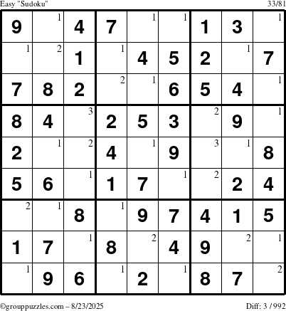 The grouppuzzles.com Easy Sudoku puzzle for Saturday August 23, 2025 with the first 3 steps marked