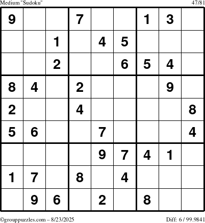 The grouppuzzles.com Medium Sudoku puzzle for Saturday August 23, 2025