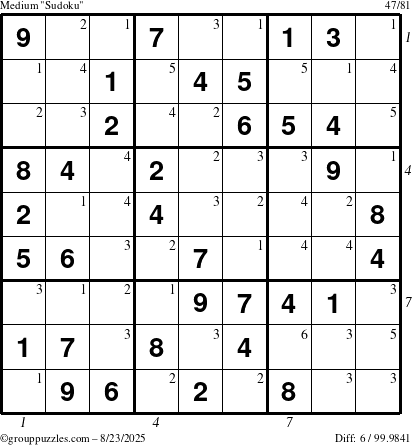 The grouppuzzles.com Medium Sudoku puzzle for Saturday August 23, 2025 with all 6 steps marked