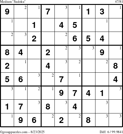 The grouppuzzles.com Medium Sudoku puzzle for Saturday August 23, 2025 with the first 3 steps marked