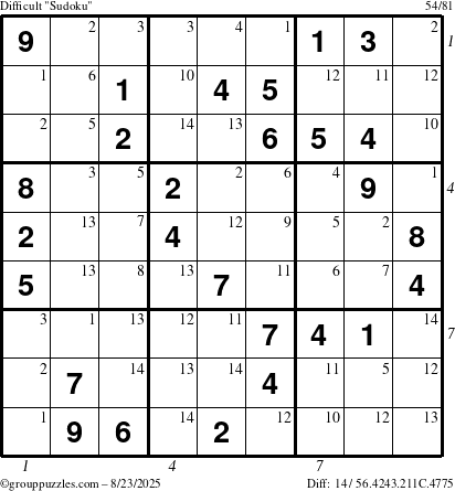 The grouppuzzles.com Difficult Sudoku puzzle for Saturday August 23, 2025 with all 14 steps marked
