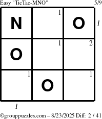 The grouppuzzles.com Easy TicTac-MNO puzzle for Saturday August 23, 2025 with all 2 steps marked