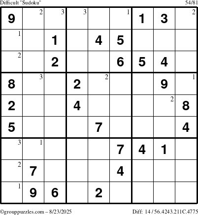 The grouppuzzles.com Difficult Sudoku puzzle for Saturday August 23, 2025 with the first 3 steps marked