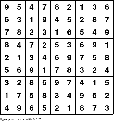 The grouppuzzles.com Answer grid for the Sudoku puzzle for Saturday August 23, 2025