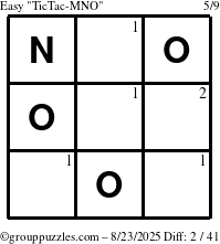 The grouppuzzles.com Easy TicTac-MNO puzzle for Saturday August 23, 2025 with the first 2 steps marked