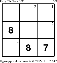 The grouppuzzles.com Easy TicTac-789 puzzle for Thursday July 31, 2025 with the first 2 steps marked