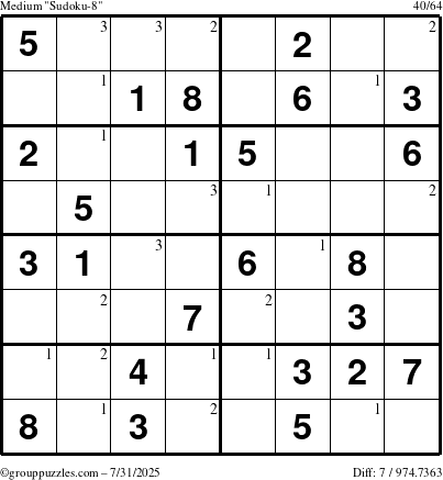 The grouppuzzles.com Medium Sudoku-8 puzzle for Thursday July 31, 2025 with the first 3 steps marked