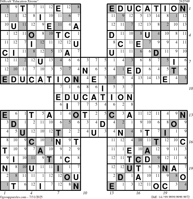 The grouppuzzles.com Difficult Education-Xtreme puzzle for Thursday July 31, 2025 with all 14 steps marked
