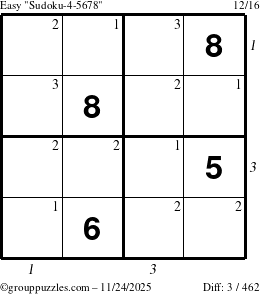 The grouppuzzles.com Easy Sudoku-4-5678 puzzle for Monday November 24, 2025 with all 3 steps marked