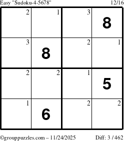 The grouppuzzles.com Easy Sudoku-4-5678 puzzle for Monday November 24, 2025 with the first 3 steps marked