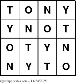 The grouppuzzles.com Answer grid for the Tony puzzle for Monday November 24, 2025