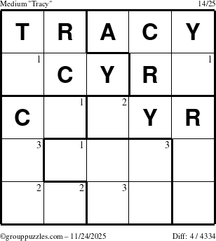 The grouppuzzles.com Medium Tracy puzzle for Monday November 24, 2025 with the first 3 steps marked