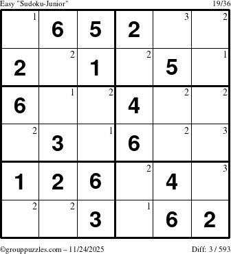 The grouppuzzles.com Easy Sudoku-Junior puzzle for Monday November 24, 2025 with the first 3 steps marked