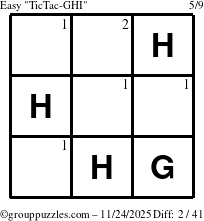 The grouppuzzles.com Easy TicTac-GHI puzzle for Monday November 24, 2025 with the first 2 steps marked