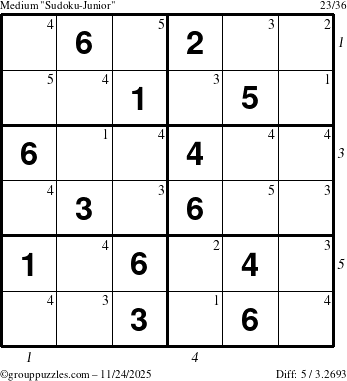 The grouppuzzles.com Medium Sudoku-Junior puzzle for Monday November 24, 2025, suitable for printing, with all 5 steps marked