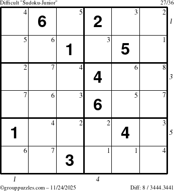 The grouppuzzles.com Difficult Sudoku-Junior puzzle for Monday November 24, 2025 with all 8 steps marked