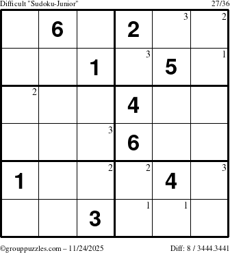 The grouppuzzles.com Difficult Sudoku-Junior puzzle for Monday November 24, 2025 with the first 3 steps marked