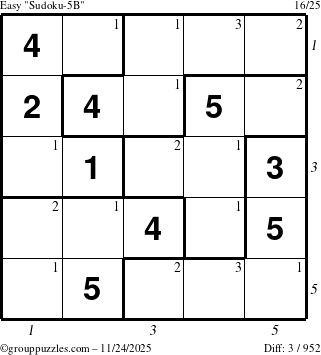 The grouppuzzles.com Easy Sudoku-5B puzzle for Monday November 24, 2025 with all 3 steps marked