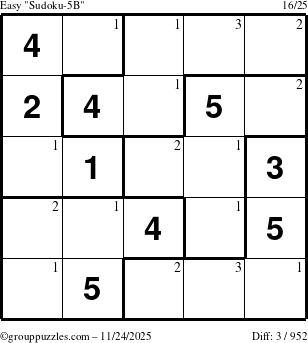 The grouppuzzles.com Easy Sudoku-5B puzzle for Monday November 24, 2025 with the first 3 steps marked