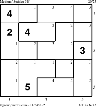 The grouppuzzles.com Medium Sudoku-5B puzzle for Monday November 24, 2025 with all 4 steps marked