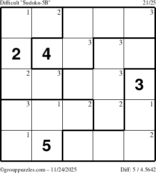 The grouppuzzles.com Difficult Sudoku-5B puzzle for Monday November 24, 2025 with the first 3 steps marked