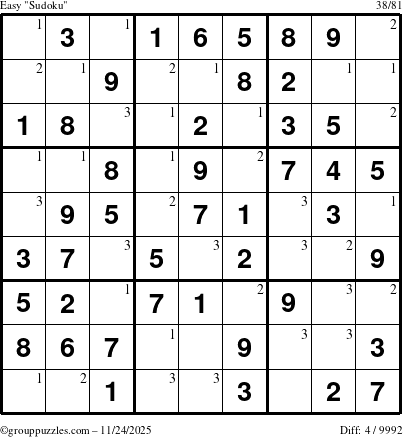 The grouppuzzles.com Easy Sudoku puzzle for Monday November 24, 2025 with the first 3 steps marked