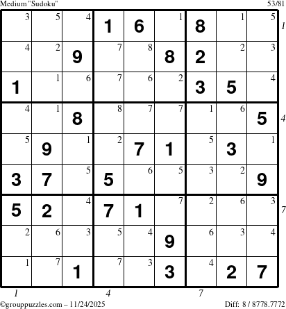 The grouppuzzles.com Medium Sudoku puzzle for Monday November 24, 2025 with all 8 steps marked