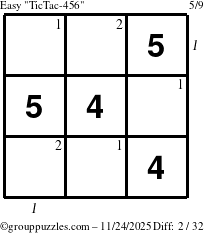 The grouppuzzles.com Easy TicTac-456 puzzle for Monday November 24, 2025 with all 2 steps marked